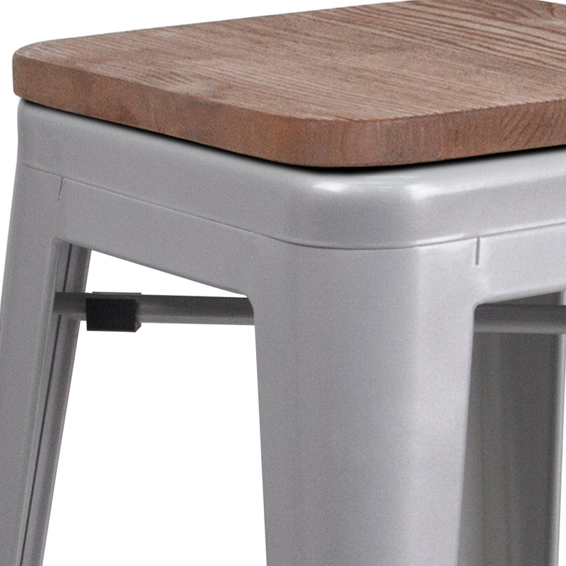 24" High Backless Silver Metal Counter Height Stool with Square Wood Seat