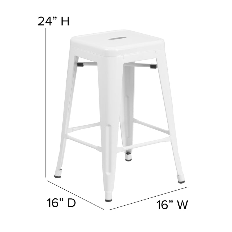 Commercial Grade 24" High Backless White Metal Indoor-Outdoor Counter Height Stool with Square Seat