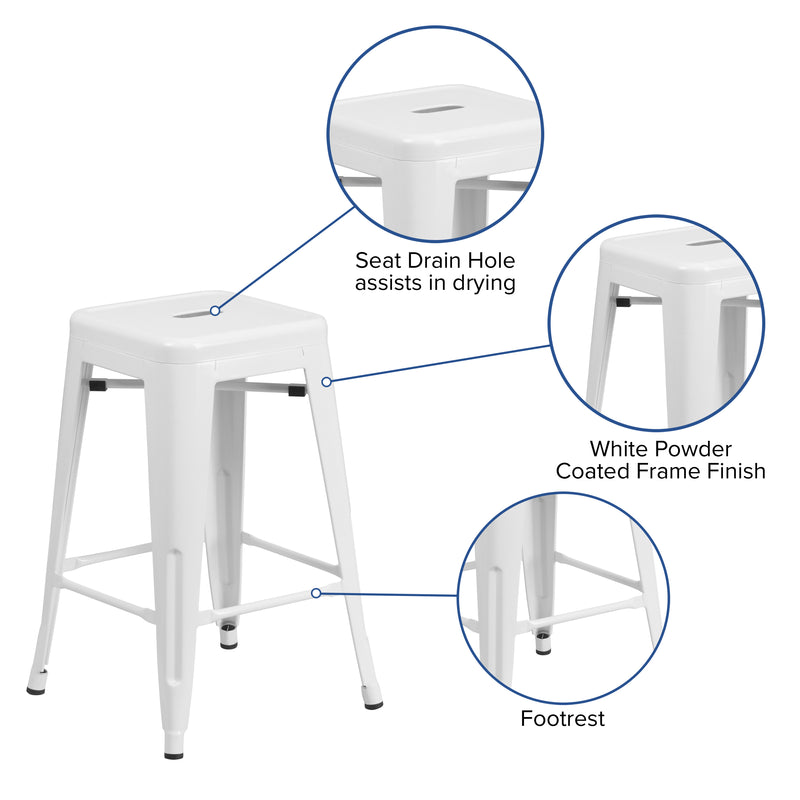 Commercial Grade 24" High Backless White Metal Indoor-Outdoor Counter Height Stool with Square Seat