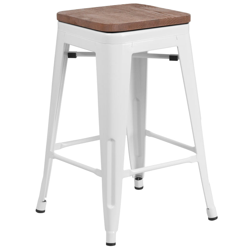 24" High Backless White Metal Counter Height Stool with Square Wood Seat