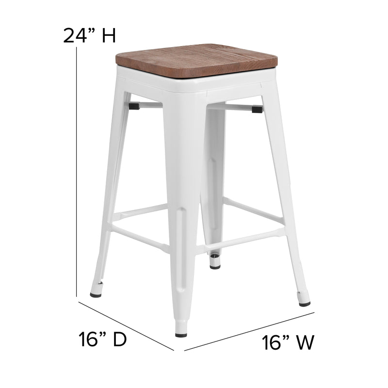 24" High Backless White Metal Counter Height Stool with Square Wood Seat