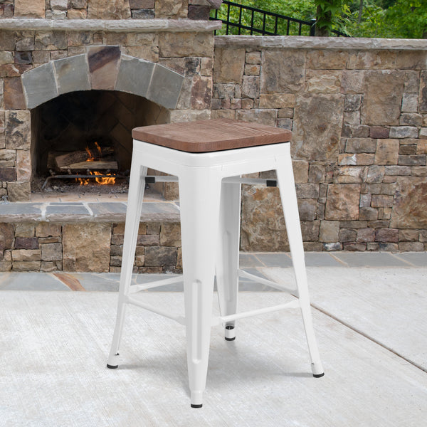 24" High Backless White Metal Counter Height Stool with Square Wood Seat