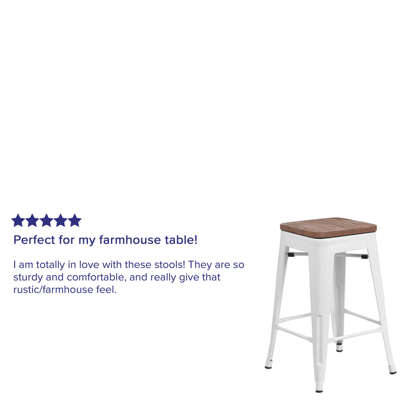 24" High Backless White Metal Counter Height Stool with Square Wood Seat