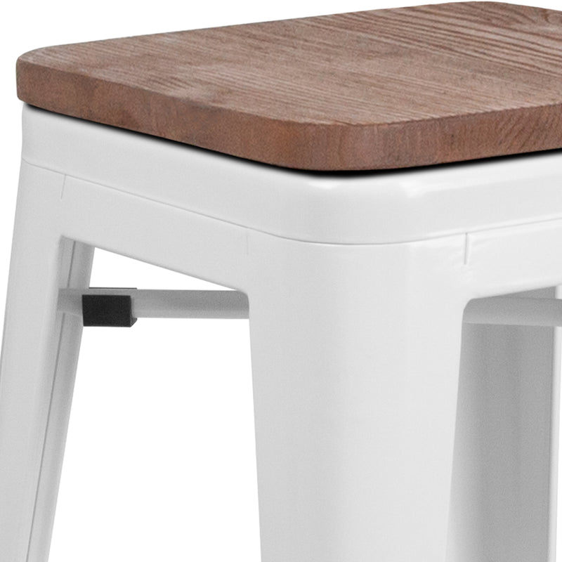 24" High Backless White Metal Counter Height Stool with Square Wood Seat