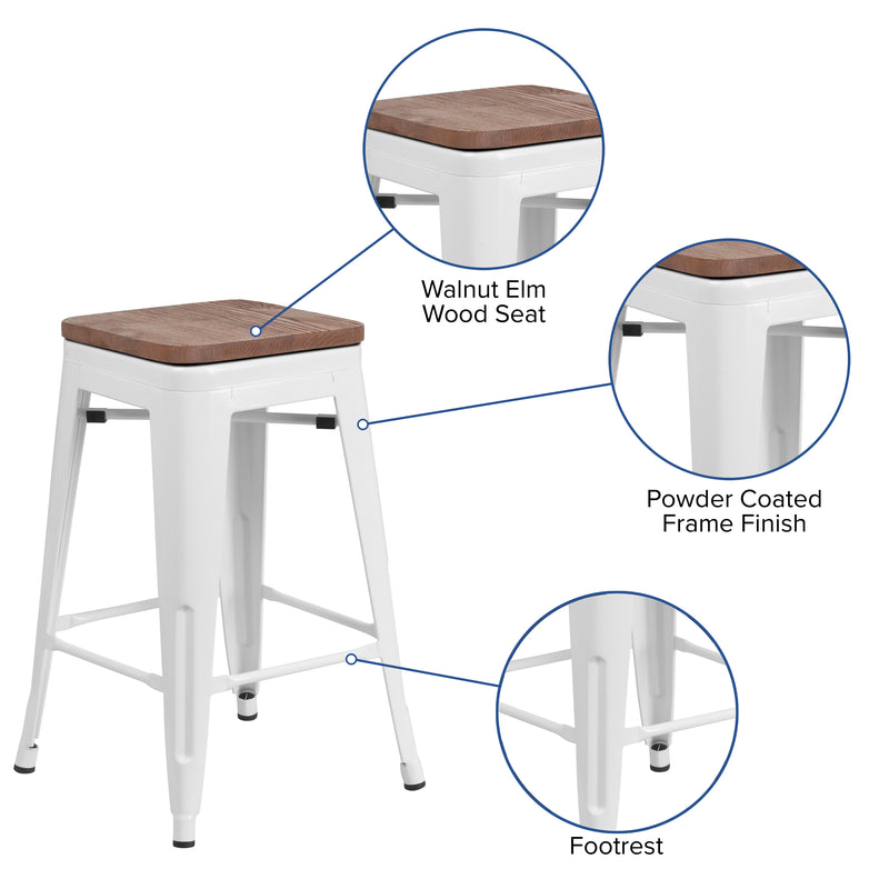 24" High Backless White Metal Counter Height Stool with Square Wood Seat