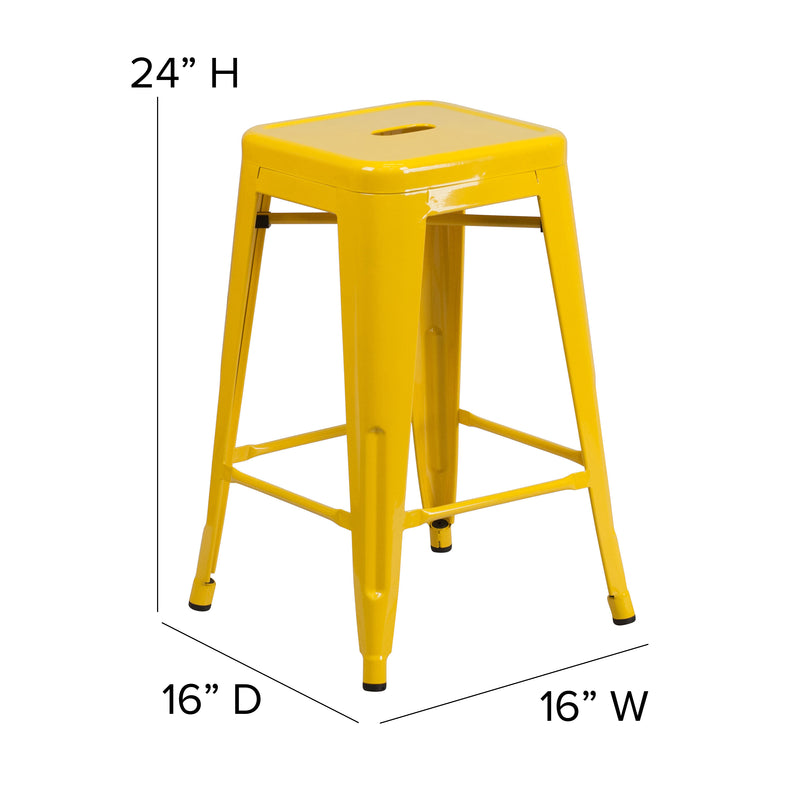 Commercial Grade 24" High Backless Yellow Metal Indoor-Outdoor Counter Height Stool with Square Seat