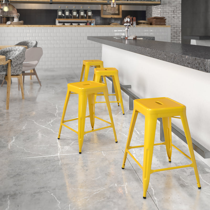 Commercial Grade 24" High Backless Yellow Metal Indoor-Outdoor Counter Height Stool with Square Seat