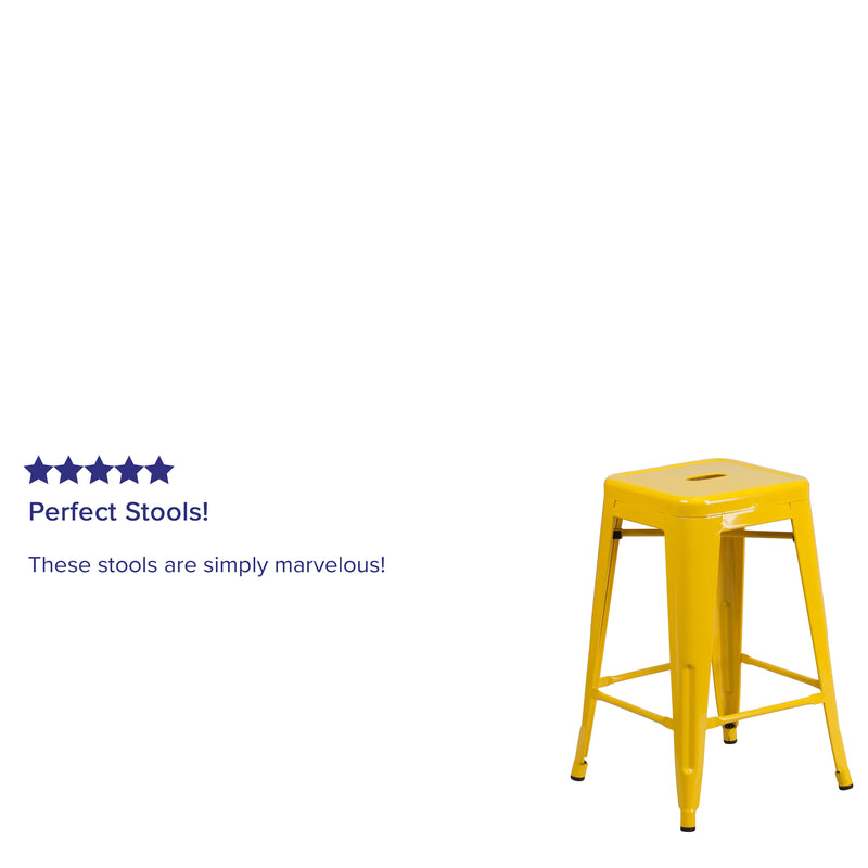 Commercial Grade 24" High Backless Yellow Metal Indoor-Outdoor Counter Height Stool with Square Seat