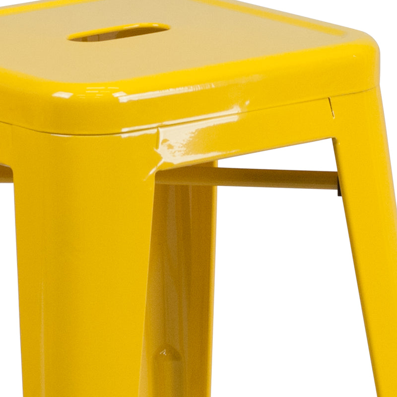 Commercial Grade 24" High Backless Yellow Metal Indoor-Outdoor Counter Height Stool with Square Seat