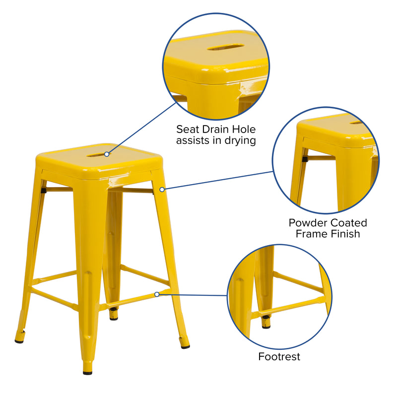 Commercial Grade 24" High Backless Yellow Metal Indoor-Outdoor Counter Height Stool with Square Seat