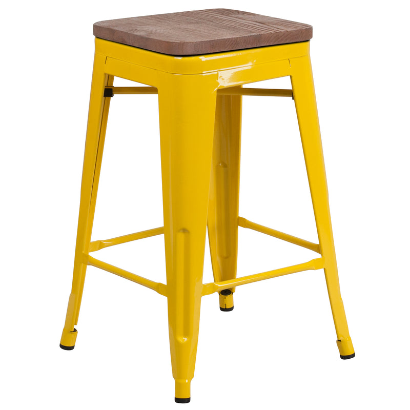 24" High Backless Yellow Metal Counter Height Stool with Square Wood Seat