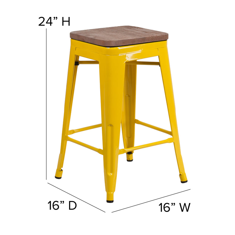 24" High Backless Yellow Metal Counter Height Stool with Square Wood Seat