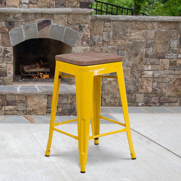 24" High Backless Yellow Metal Counter Height Stool with Square Wood Seat