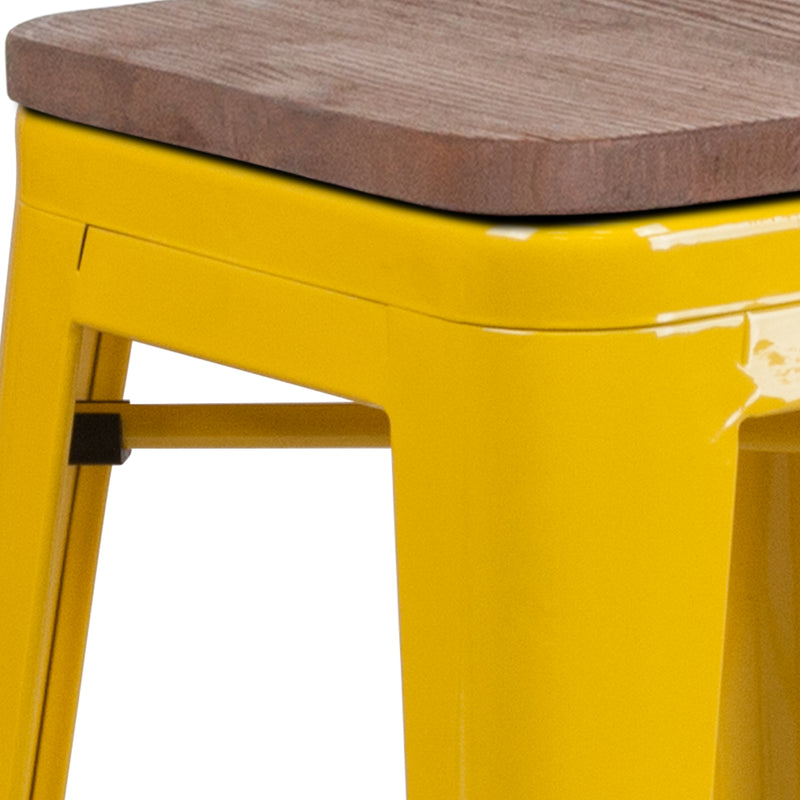 24" High Backless Yellow Metal Counter Height Stool with Square Wood Seat