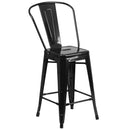 Commercial Grade 24" High Black Metal Indoor-Outdoor Counter Height Stool with Removable Back