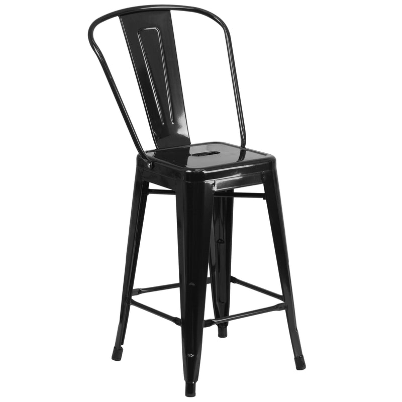 Commercial Grade 24" High Black Metal Indoor-Outdoor Counter Height Stool with Removable Back