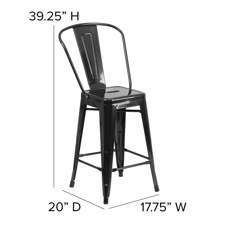 Commercial Grade 24" High Black Metal Indoor-Outdoor Counter Height Stool with Removable Back