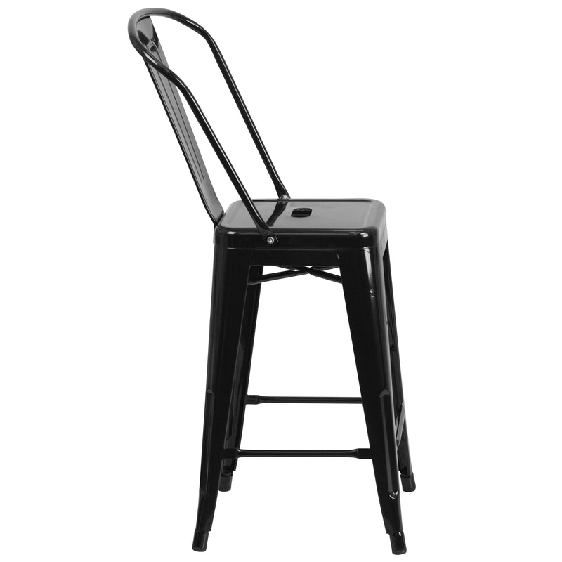 Commercial Grade 24" High Black Metal Indoor-Outdoor Counter Height Stool with Removable Back