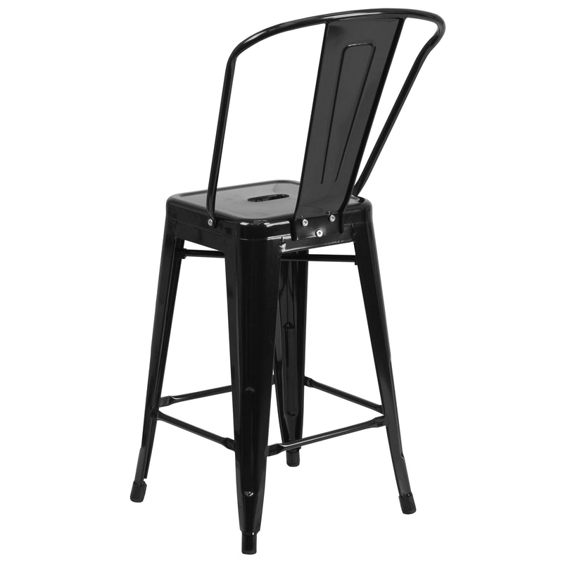 Commercial Grade 24" High Black Metal Indoor-Outdoor Counter Height Stool with Removable Back