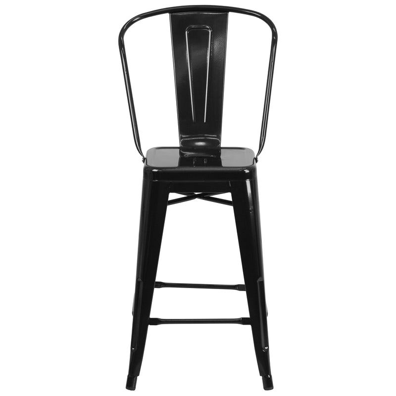 Commercial Grade 24" High Black Metal Indoor-Outdoor Counter Height Stool with Removable Back