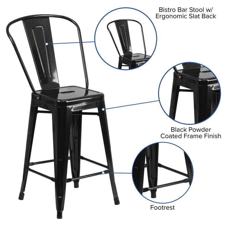 Commercial Grade 24" High Black Metal Indoor-Outdoor Counter Height Stool with Removable Back