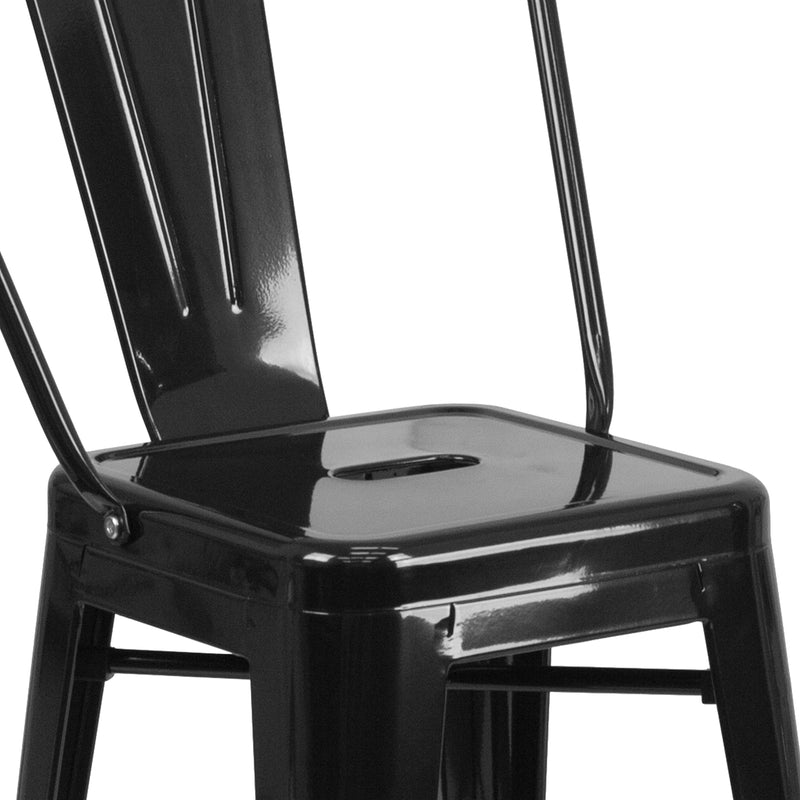 Commercial Grade 24" High Black Metal Indoor-Outdoor Counter Height Stool with Removable Back