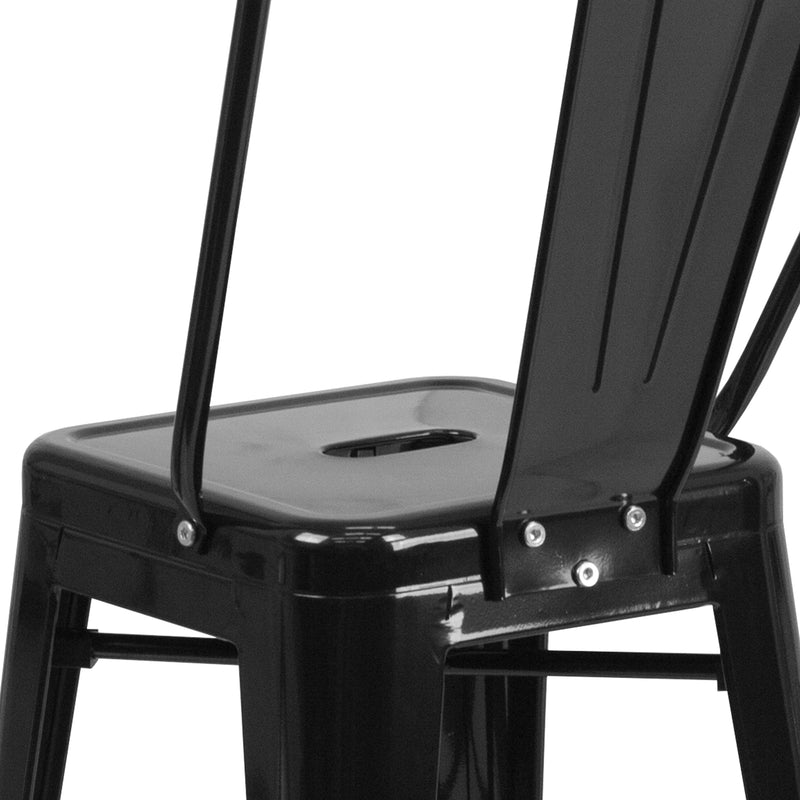 Commercial Grade 24" High Black Metal Indoor-Outdoor Counter Height Stool with Removable Back