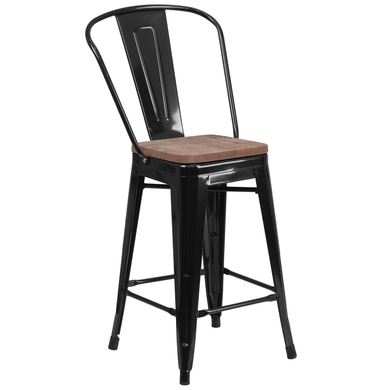 24" High Black Metal Counter Height Stool with Back and Wood Seat