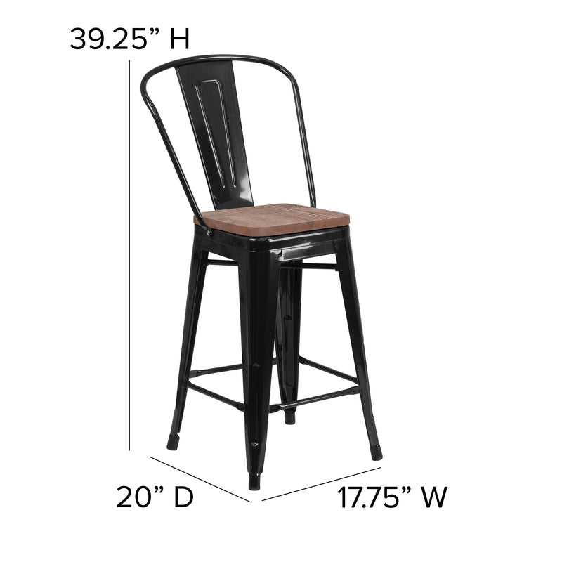 24" High Black Metal Counter Height Stool with Back and Wood Seat