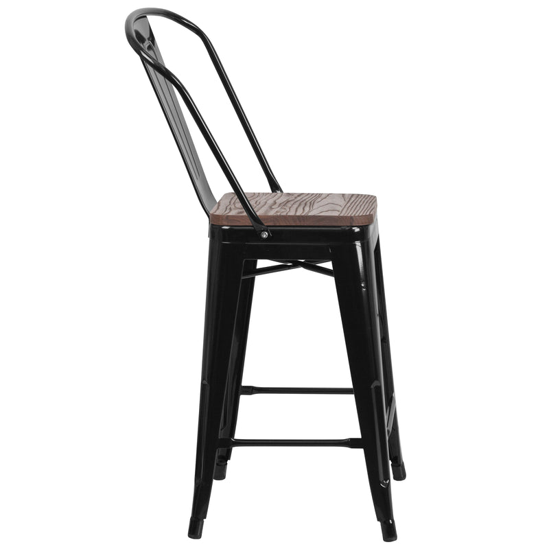 24" High Black Metal Counter Height Stool with Back and Wood Seat