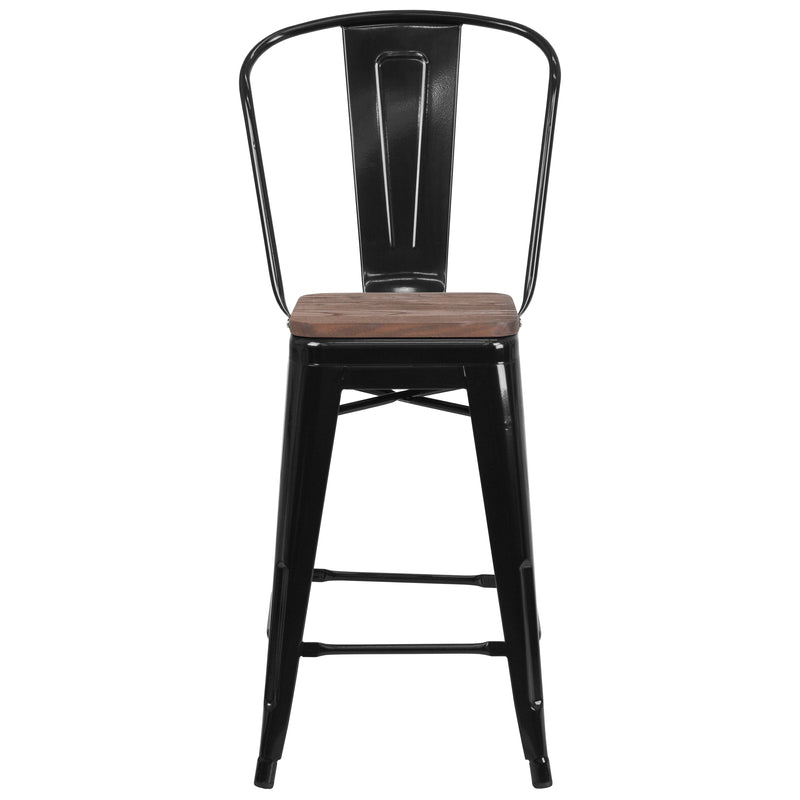 24" High Black Metal Counter Height Stool with Back and Wood Seat