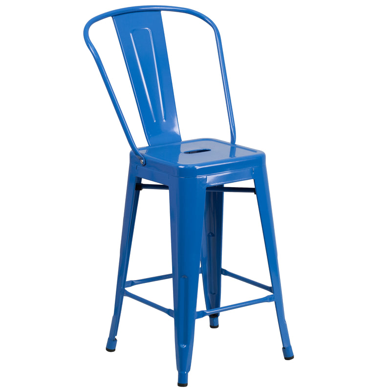 Commercial Grade 24" High Blue Metal Indoor-Outdoor Counter Height Stool with Removable Back