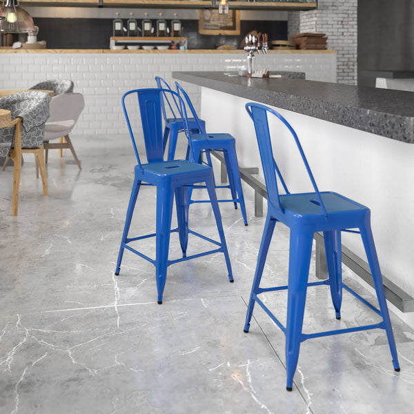 Commercial Grade 24" High Blue Metal Indoor-Outdoor Counter Height Stool with Removable Back