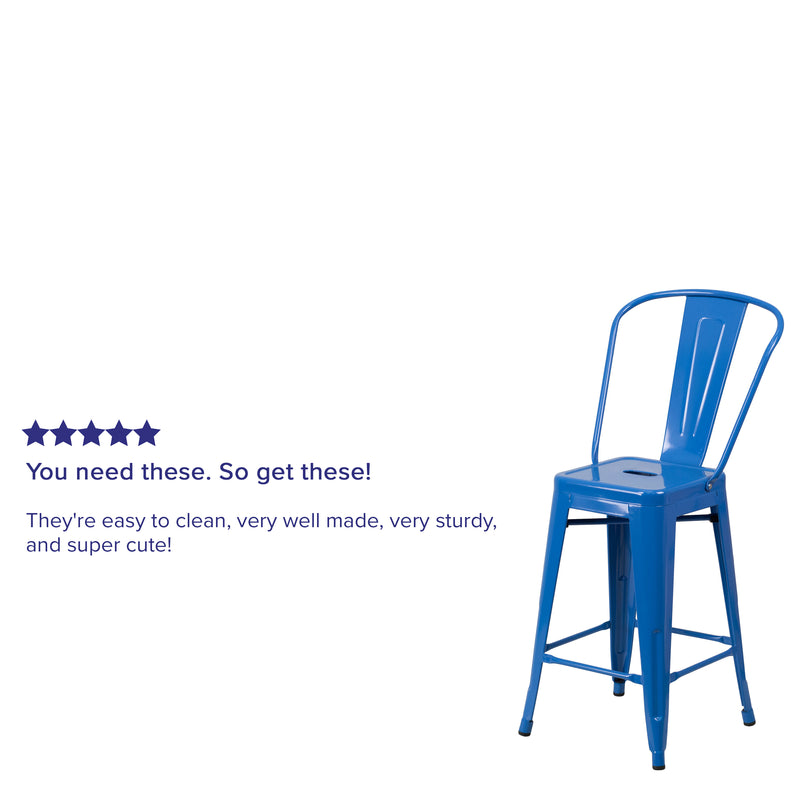 Commercial Grade 24" High Blue Metal Indoor-Outdoor Counter Height Stool with Removable Back