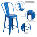 Commercial Grade 24" High Blue Metal Indoor-Outdoor Counter Height Stool with Removable Back