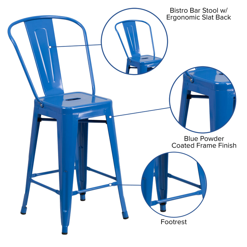 Commercial Grade 24" High Blue Metal Indoor-Outdoor Counter Height Stool with Removable Back