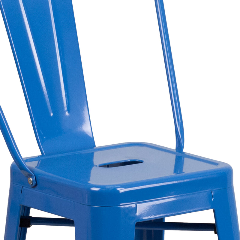 Commercial Grade 24" High Blue Metal Indoor-Outdoor Counter Height Stool with Removable Back