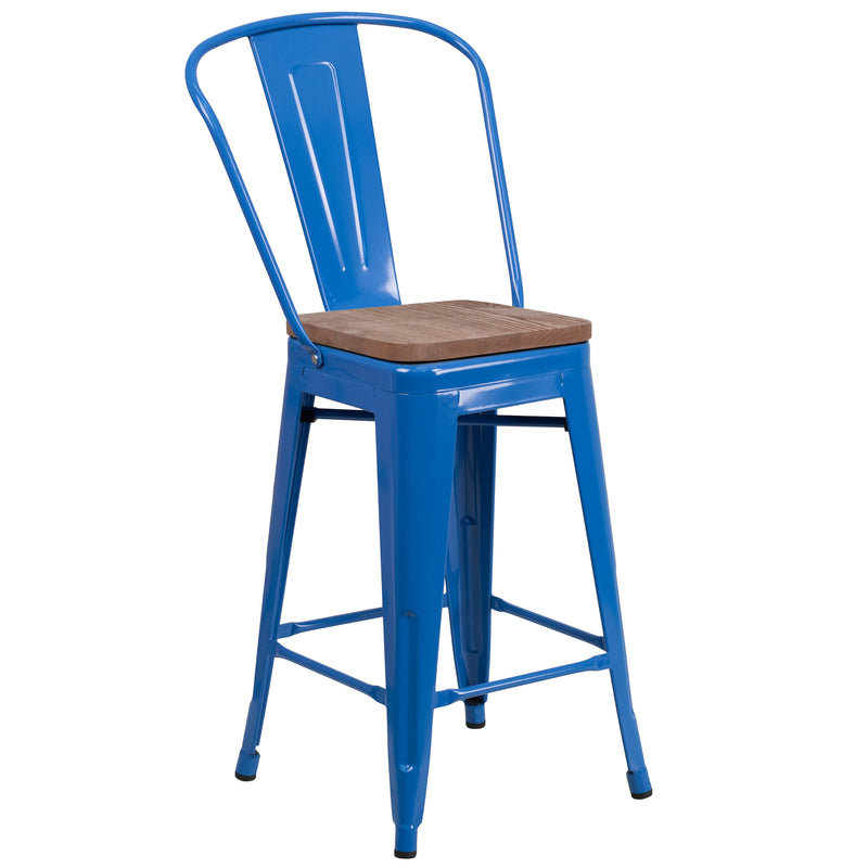 24" High Blue Metal Counter Height Stool with Back and Wood Seat