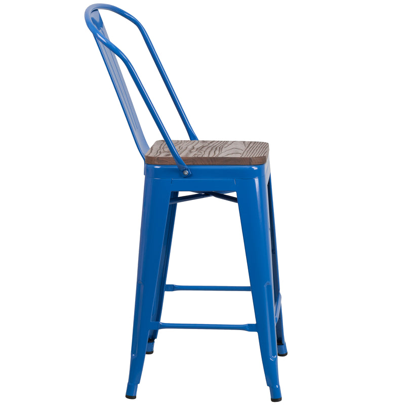 24" High Blue Metal Counter Height Stool with Back and Wood Seat