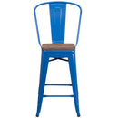 24" High Blue Metal Counter Height Stool with Back and Wood Seat