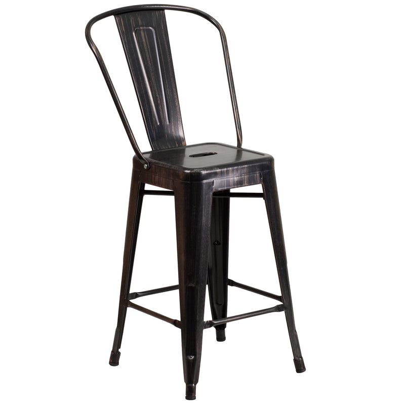 Commercial Grade 24" High Black-Antique Gold Metal Indoor-Outdoor Counter Height Stool with Removable Back