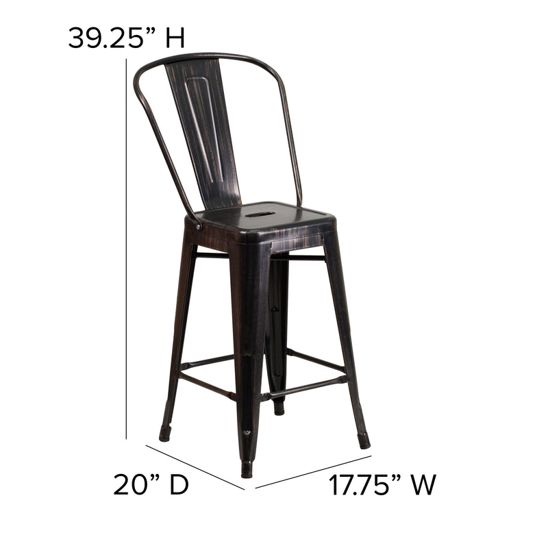 Commercial Grade 24" High Black-Antique Gold Metal Indoor-Outdoor Counter Height Stool with Removable Back