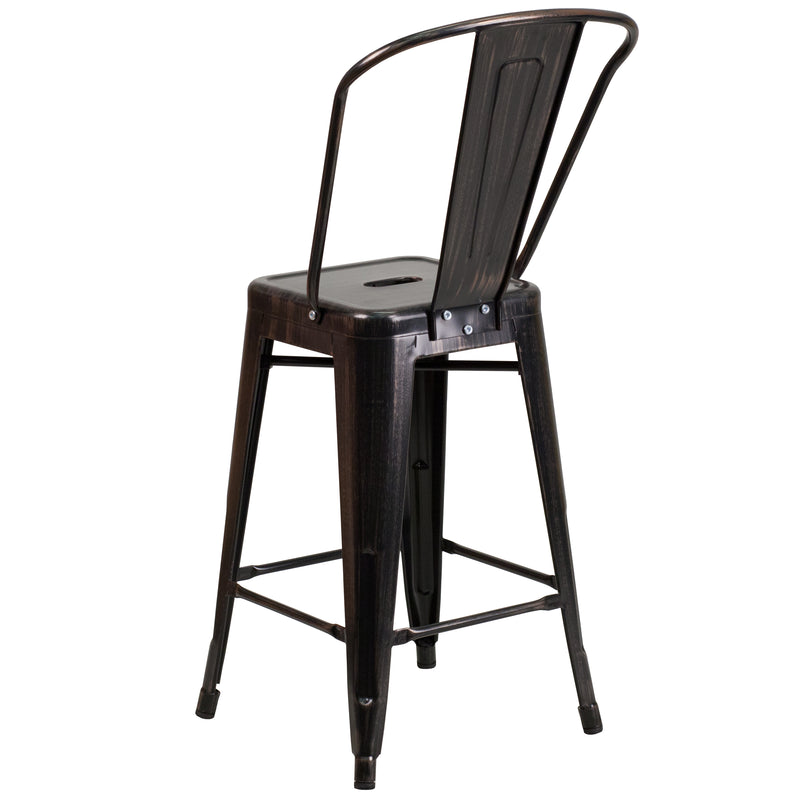 Commercial Grade 24" High Black-Antique Gold Metal Indoor-Outdoor Counter Height Stool with Removable Back