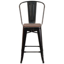 24" High Black-Antique Gold Metal Counter Height Stool with Back and Wood Seat