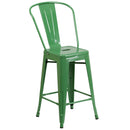 Commercial Grade 24" High Green Metal Indoor-Outdoor Counter Height Stool with Removable Back