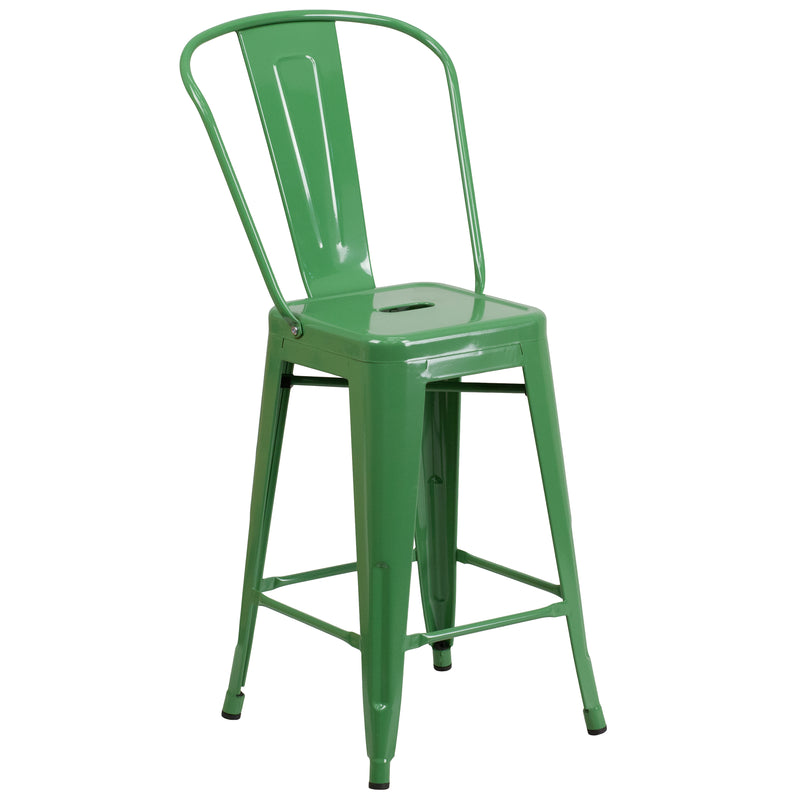 Commercial Grade 24" High Green Metal Indoor-Outdoor Counter Height Stool with Removable Back