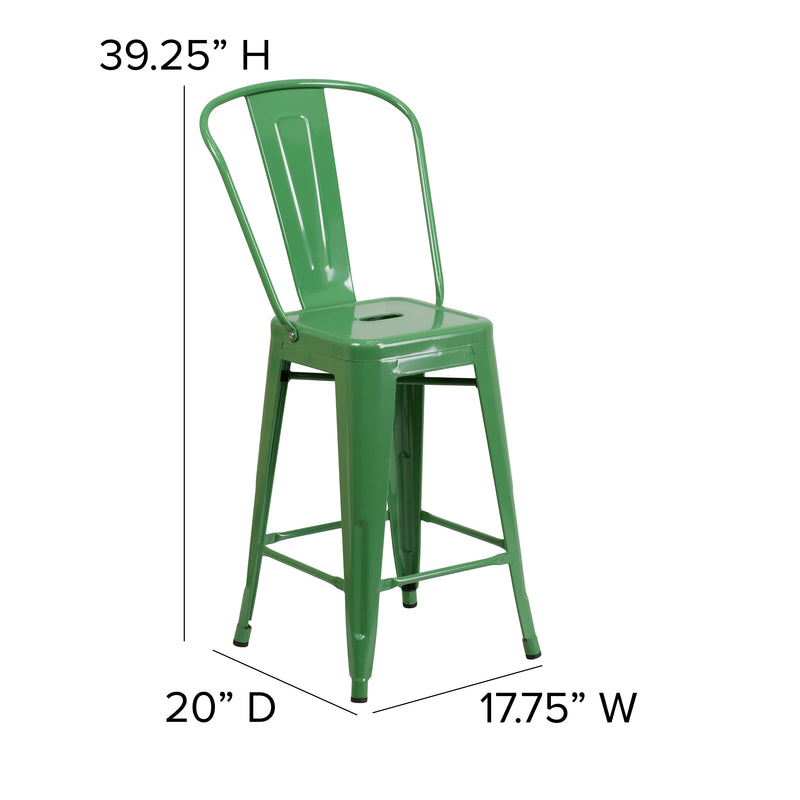 Commercial Grade 24" High Green Metal Indoor-Outdoor Counter Height Stool with Removable Back