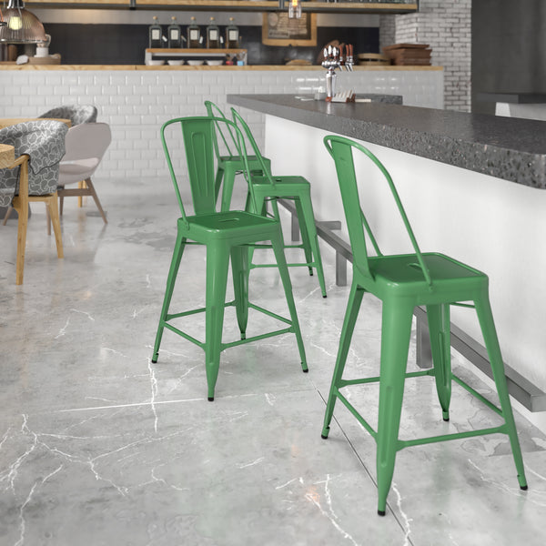 Commercial Grade 24" High Green Metal Indoor-Outdoor Counter Height Stool with Removable Back