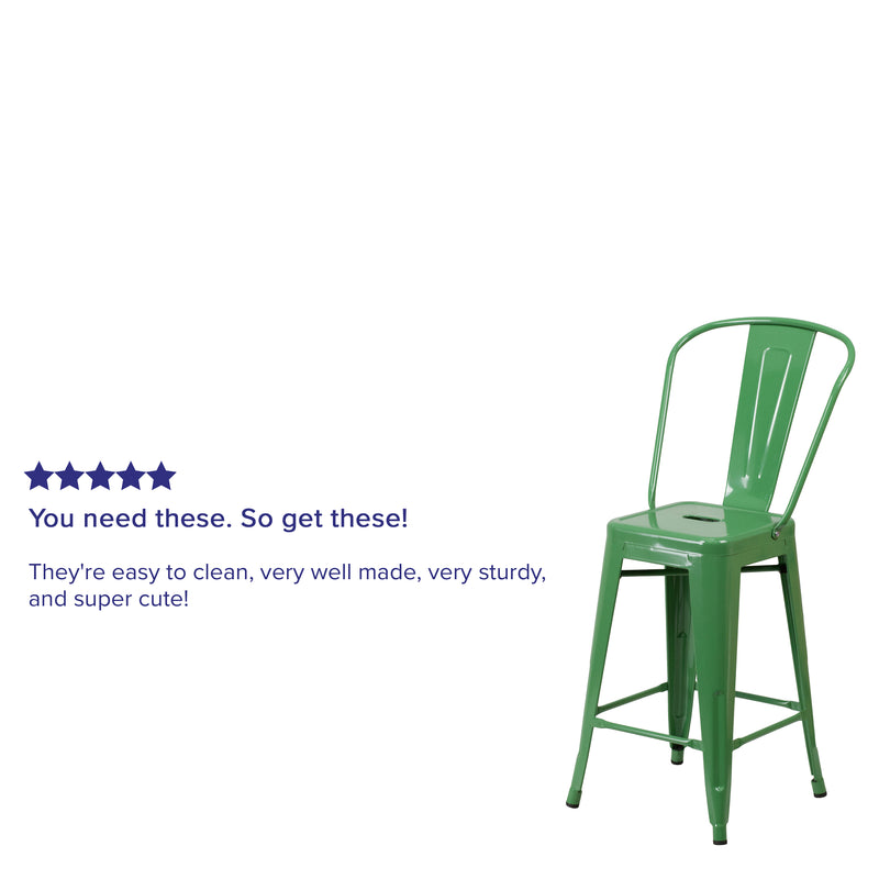 Commercial Grade 24" High Green Metal Indoor-Outdoor Counter Height Stool with Removable Back