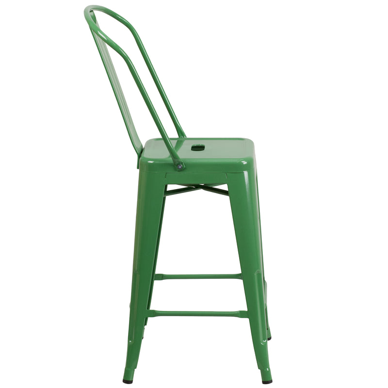 Commercial Grade 24" High Green Metal Indoor-Outdoor Counter Height Stool with Removable Back